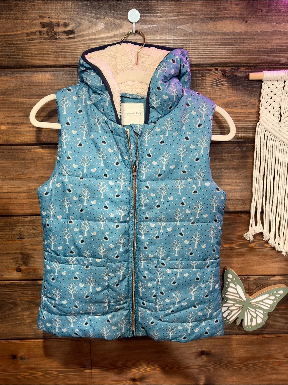 Copper Key Girls Sherpa Lined Hooded Puffer Vest Blue Swan Winter print cottage